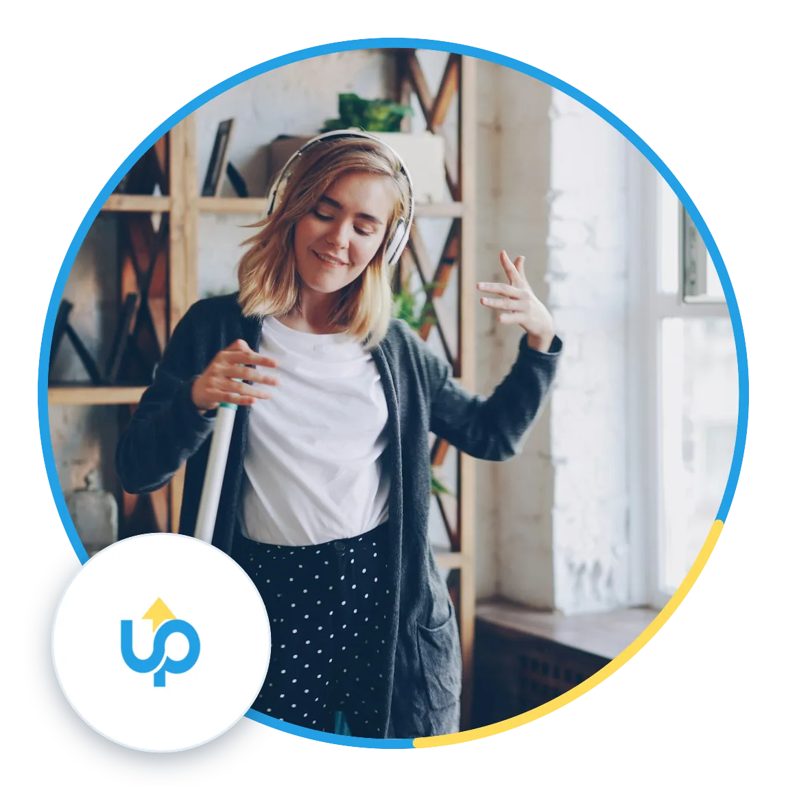 Up Services cleaner with a mop in a living room, brand seal on the photo